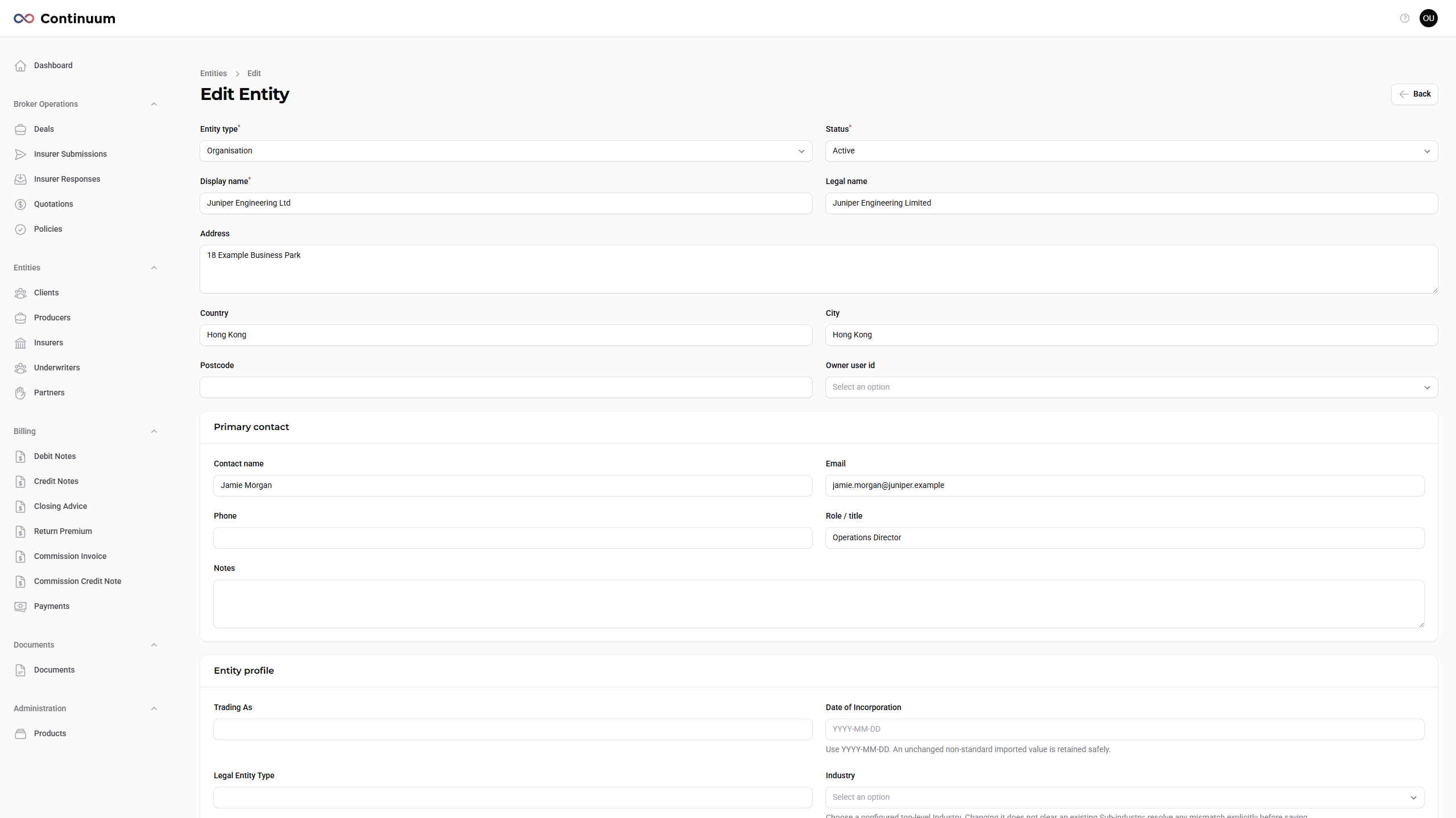 Continuum client details screen for a new enquiry